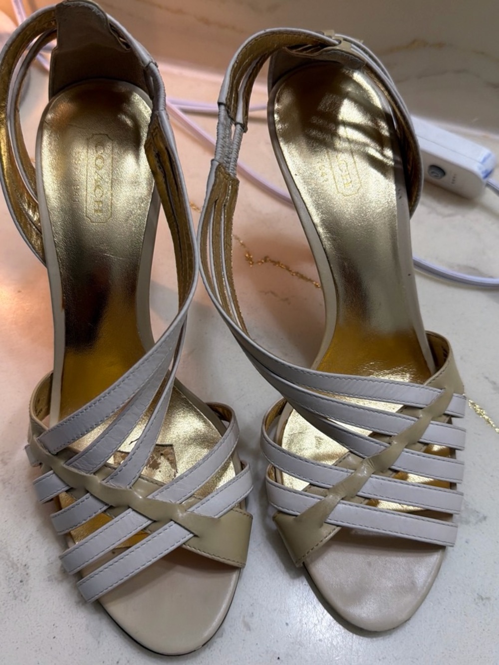 Coach Two-Tone Ivory and Gold Strappy Slingback Heels